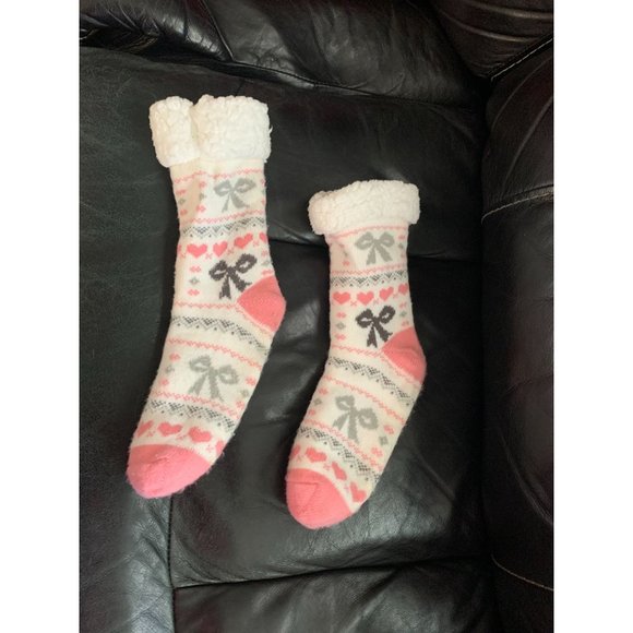 Thick Heavy Sherpa Lined Socks Womens OSFM Pink Gray Anti Slip Rubber Grip dots - Picture 1 of 4